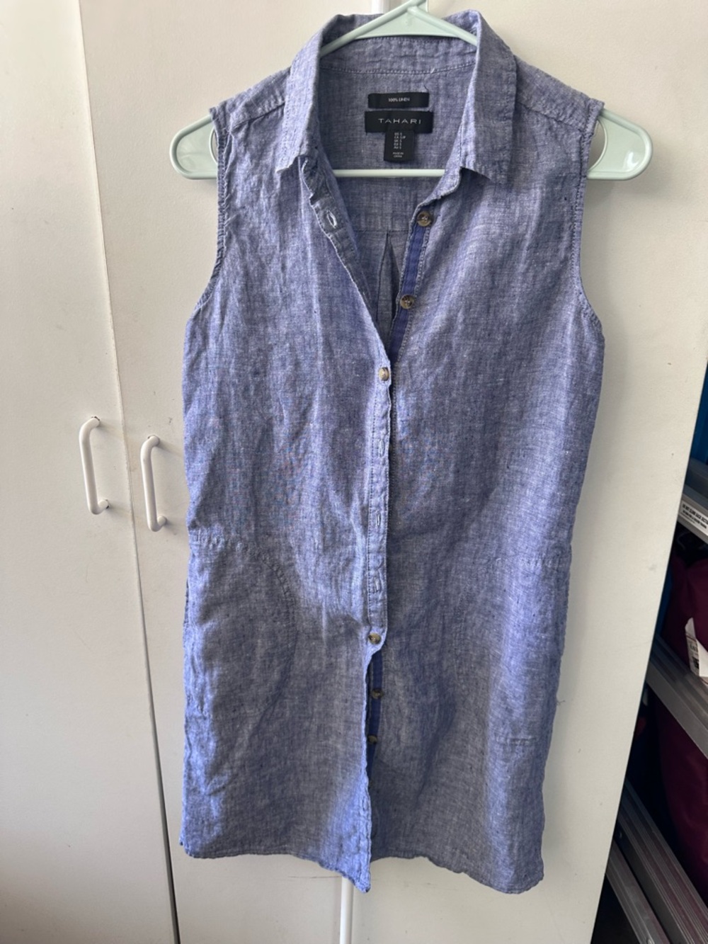 Tahari Linen Button-Front Sleeveless dress in Chambray Blue